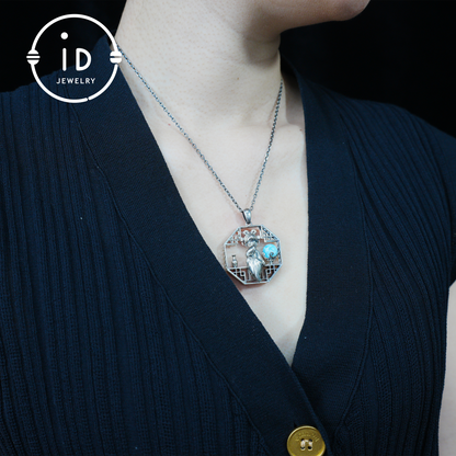 Handcrafted Octagonal Cut-out Pendant | Natural Larimar Orb Accent | Retro-Inspired Geometric Statement Gift for Creative Souls