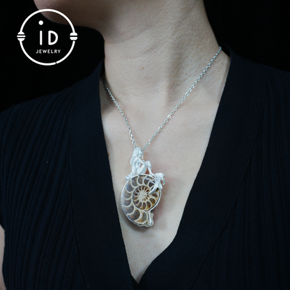 Mermaid Seashell Fossil Pendant, Handcrafted Ocean Goddess Amulet, Spiritual Protection Jewelry, Mythical Art Design, Siren Sea Gift