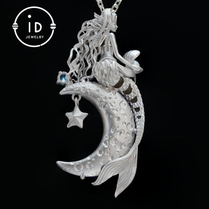 Amethyst Moon Pendant with Mermaid in 925 Sterling Silver · Fantasy Talisman Necklace for Women · Gift Idea Birthday Christmas Fairy Jewelry