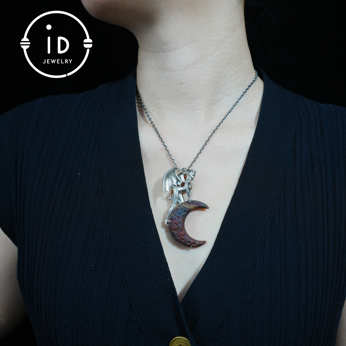 Hand-Carved 925 Silver Succubus Pendant | Blood Moon & Bloodstone Crescent | Winged Demon Gothic Protection Talisman | Perfect Gothic Gift