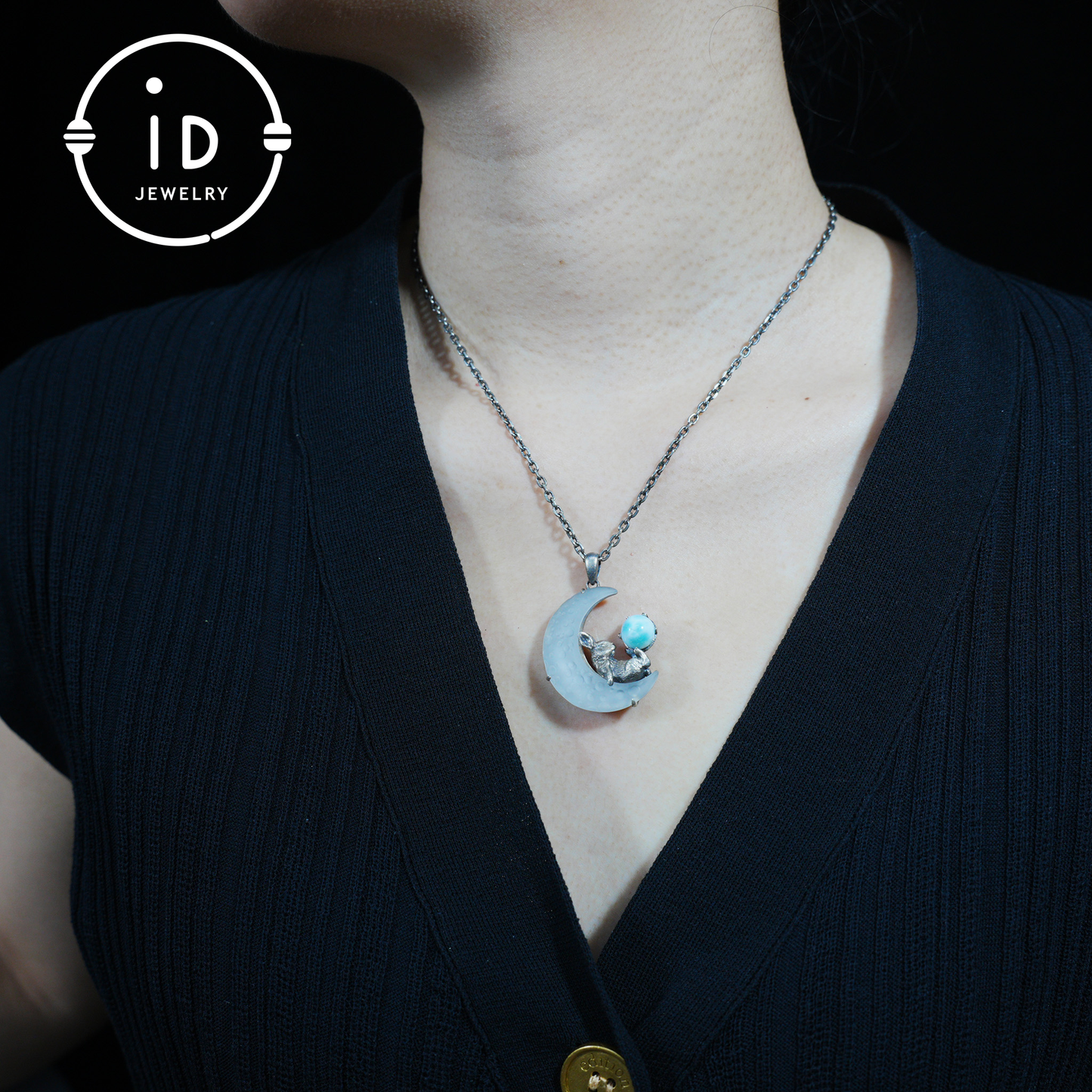 Rabbit Amulet Pendant with Larimar and White Crystal Moon, Handmade Fantasy Jewelry, Celestial Totem, Dreamy Protection Gift