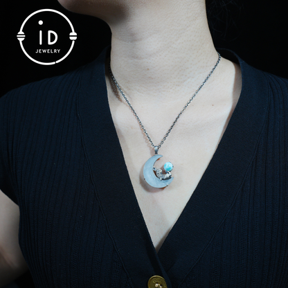 Rabbit Amulet Pendant with Larimar and White Crystal Moon, Handmade Fantasy Jewelry, Celestial Totem, Dreamy Protection Gift