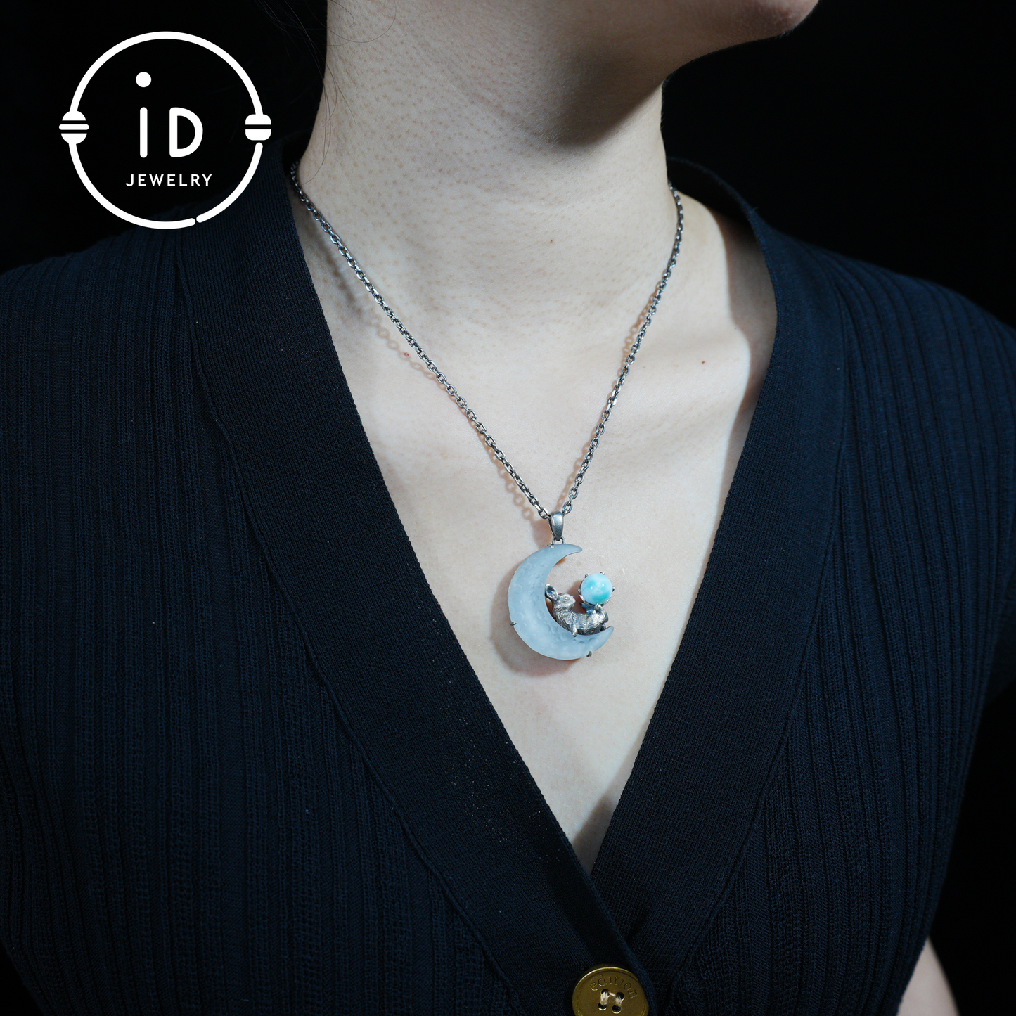 Rabbit Amulet Pendant with Larimar and White Crystal Moon, Handmade Fantasy Jewelry, Celestial Totem, Dreamy Protection Gift