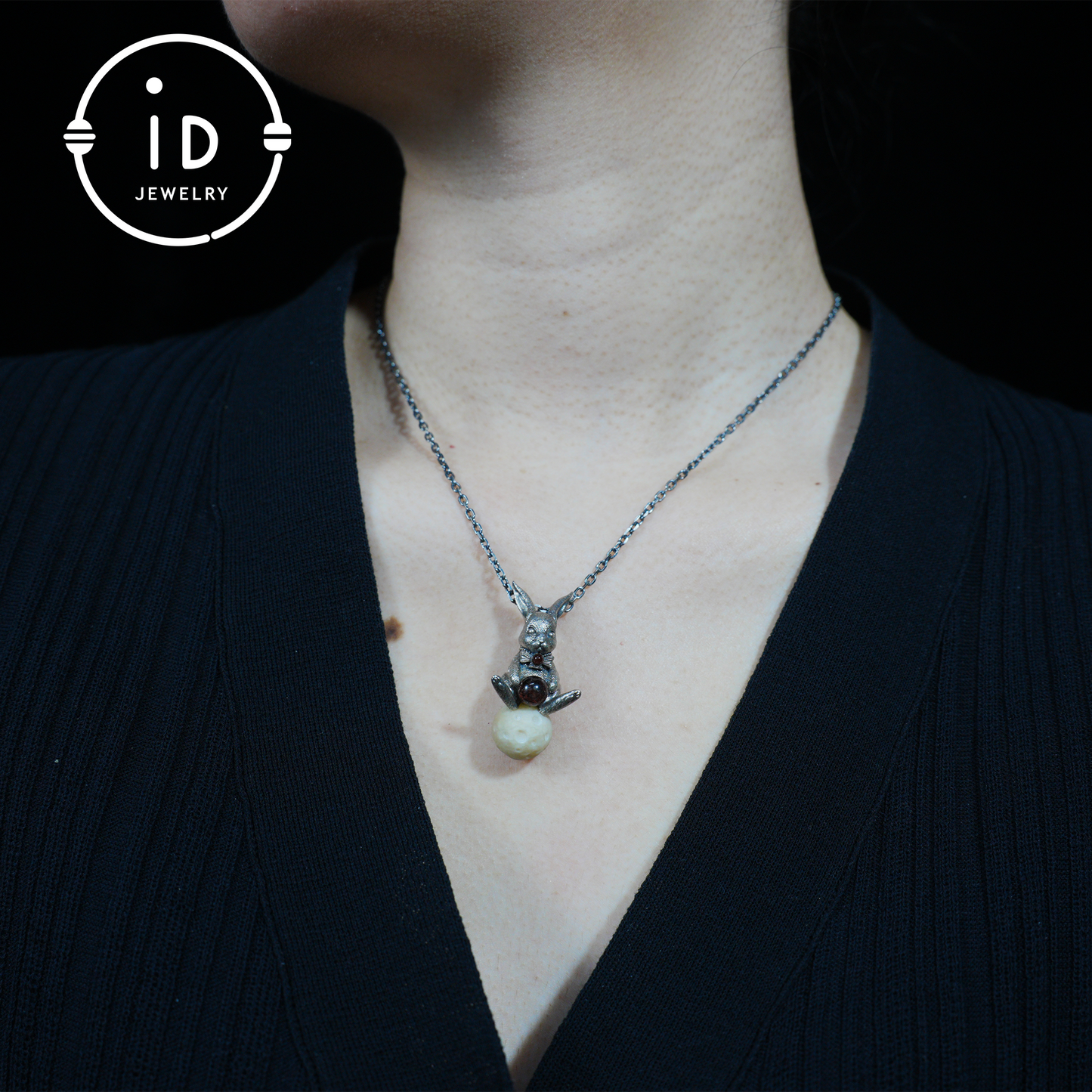 Moon Rabbit Pendant with Red Agate & Ghost Stone | Spring Totem Talisman Jewelry | Fantasy Handmade Forest Bunny Necklace