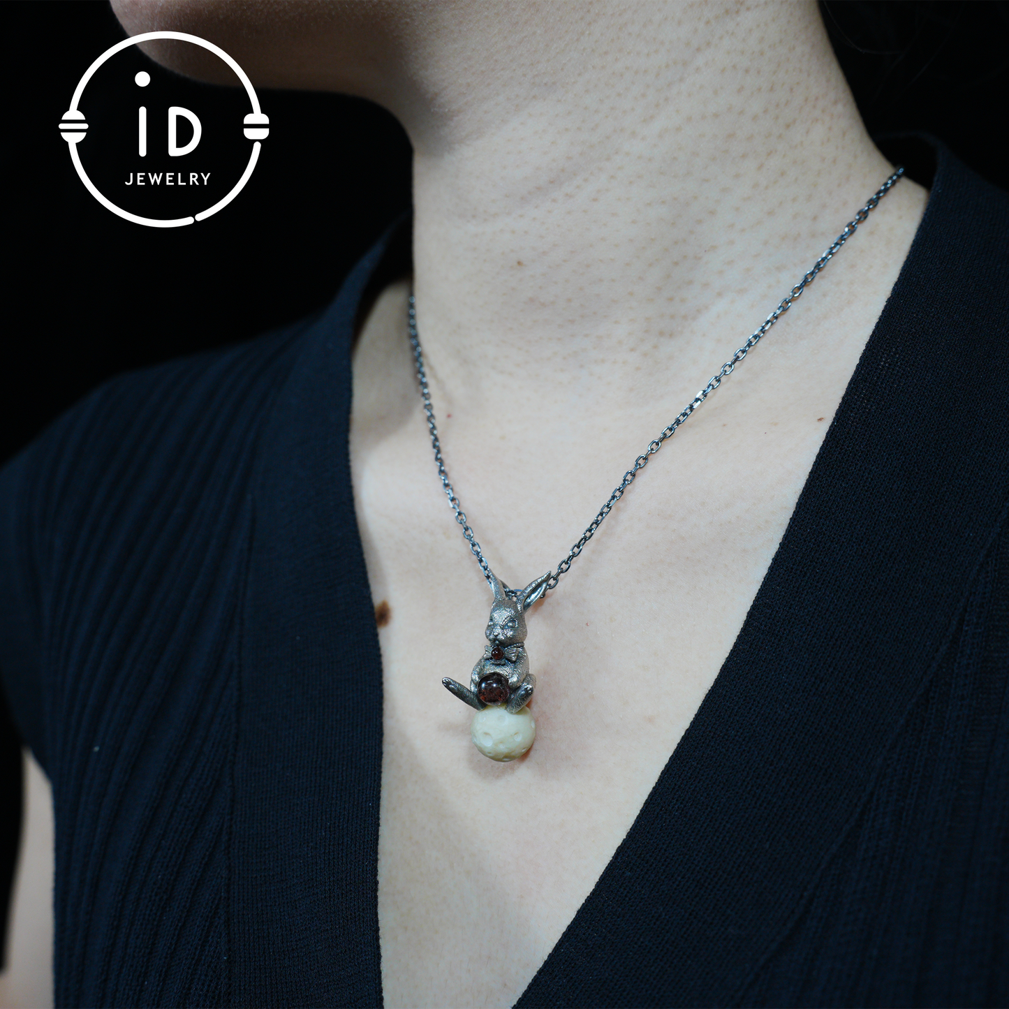 Moon Rabbit Pendant with Red Agate & Ghost Stone | Spring Totem Talisman Jewelry | Fantasy Handmade Forest Bunny Necklace