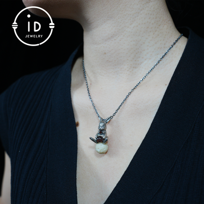 Moon Rabbit Pendant with Red Agate & Ghost Stone | Spring Totem Talisman Jewelry | Fantasy Handmade Forest Bunny Necklace