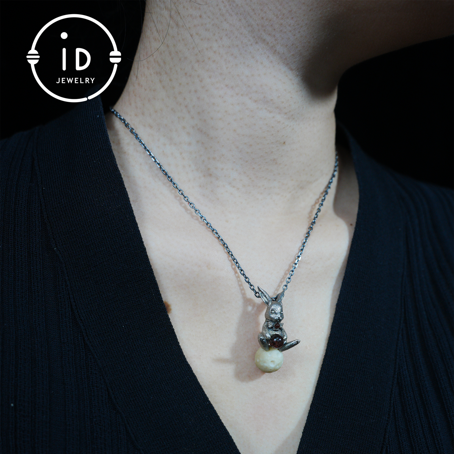 Moon Rabbit Pendant with Red Agate & Ghost Stone | Spring Totem Talisman Jewelry | Fantasy Handmade Forest Bunny Necklace