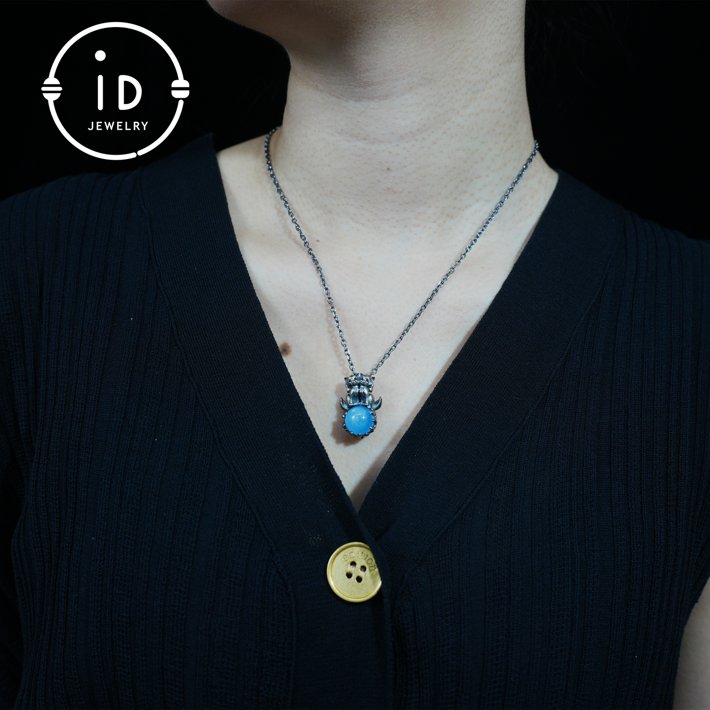 Fox Totem Pendant with Aquamarine, Fantasy Animal Amulet Necklace, Handcrafted Spirit Jewelry, Twin Guardian Design