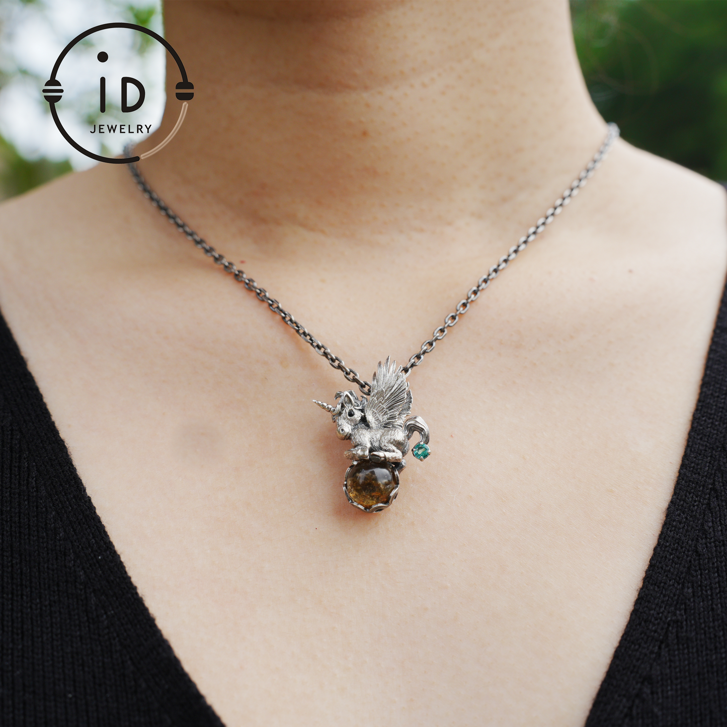 Flying Unicorn Pendant with Amber and Green Crystal in 925 Silver · Fairy Tale Jewelry · Gift for Women Birthday Christmas