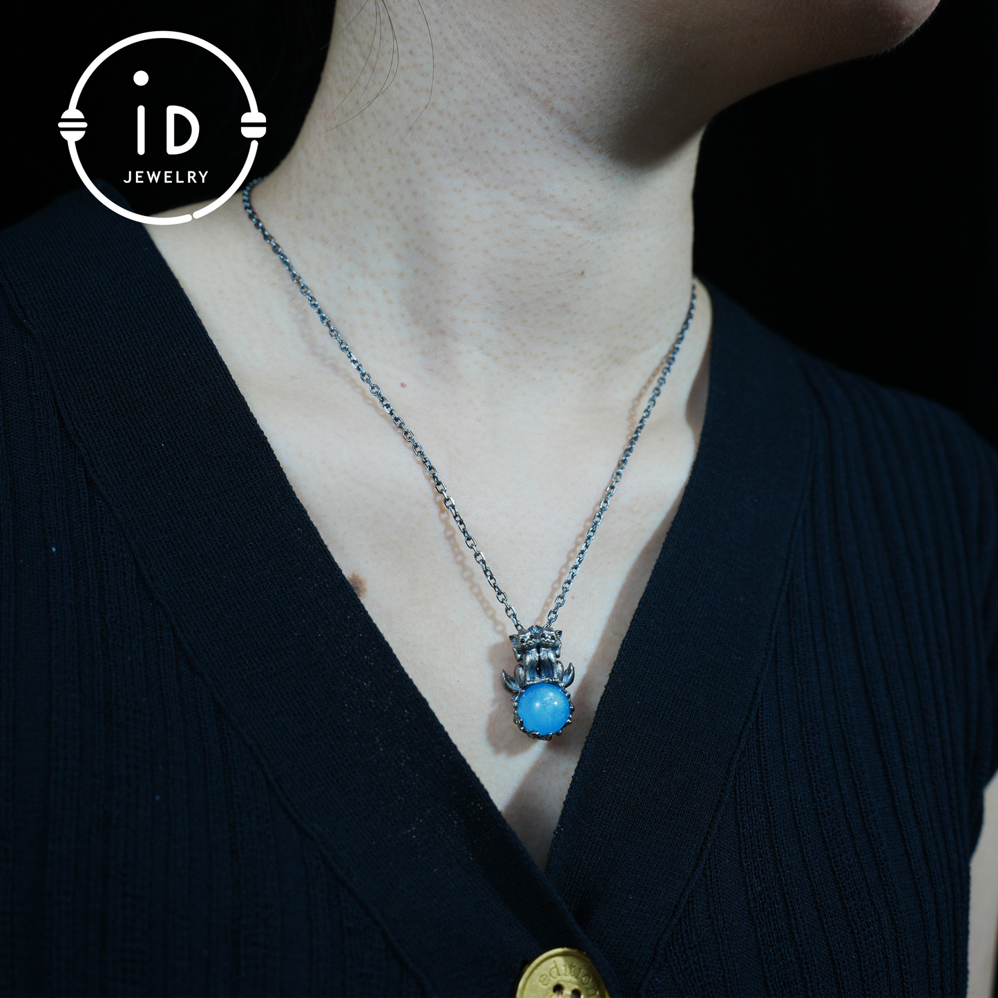 Fox Totem Pendant with Aquamarine, Fantasy Animal Amulet Necklace, Handcrafted Spirit Jewelry, Twin Guardian Design