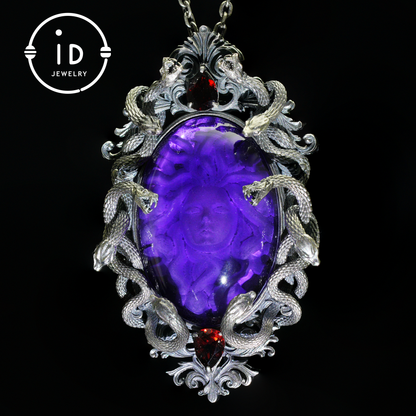 Hand-Carved Medusa Amethyst Pendant | Raised Serpent Frame in 925 Sterling Silver | Gothic Talisman for Powerful Self-Empowerment