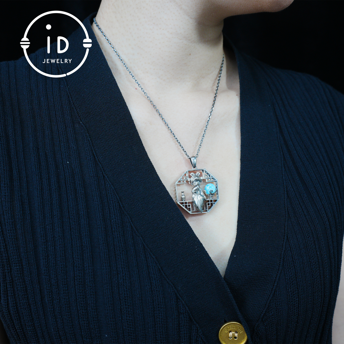 Handcrafted Octagonal Cut-out Pendant | Natural Larimar Orb Accent | Retro-Inspired Geometric Statement Gift for Creative Souls