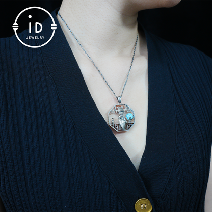 Handcrafted Octagonal Cut-out Pendant | Natural Larimar Orb Accent | Retro-Inspired Geometric Statement Gift for Creative Souls