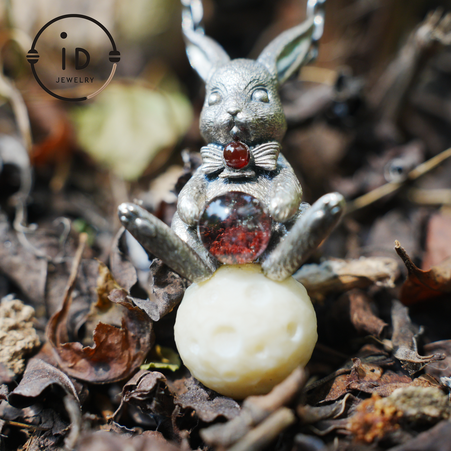 Moon Rabbit Pendant with Red Agate & Ghost Stone | Spring Totem Talisman Jewelry | Fantasy Handmade Forest Bunny Necklace