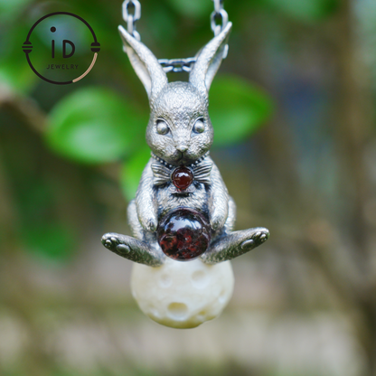 Moon Rabbit Pendant with Red Agate & Ghost Stone | Spring Totem Talisman Jewelry | Fantasy Handmade Forest Bunny Necklace