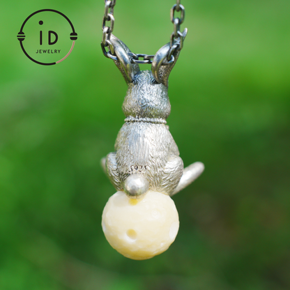 Moon Rabbit Pendant with Red Agate & Ghost Stone | Spring Totem Talisman Jewelry | Fantasy Handmade Forest Bunny Necklace