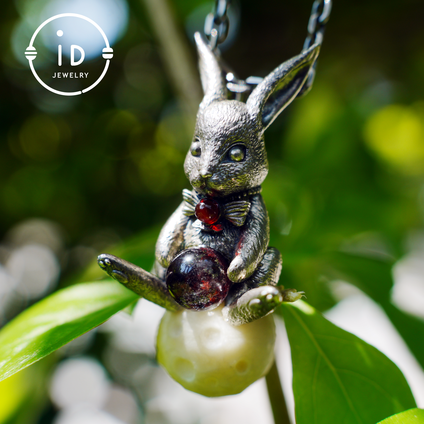 Moon Rabbit Pendant with Red Agate & Ghost Stone | Spring Totem Talisman Jewelry | Fantasy Handmade Forest Bunny Necklace