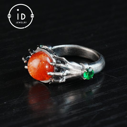 Gothic Style Sunstone Ring in 925 Sterling Silver with Green Zircon Stone Gift for Her Halloween Fantasy Statement Jewelry