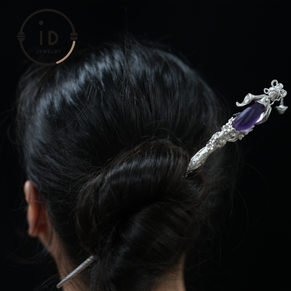 Oriental Flower Hair Stick – Handmade Amethyst Hairpin Inspired by Chinese Fairy Tales
