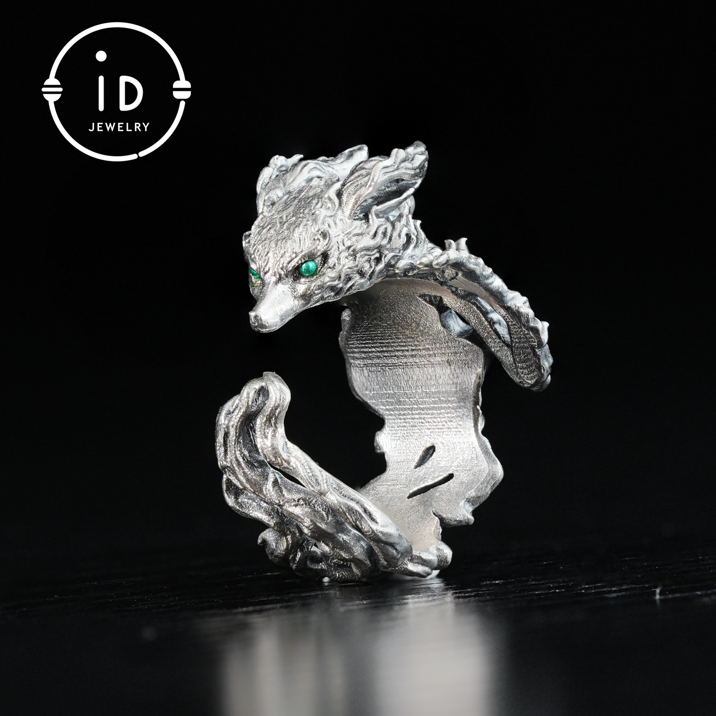 Fox Ring 925 Silver Adjustable Green Zircon Gothic Totem Style Animal Jewelry Gift for Men Women Fantasy Accessory Nature Inspired