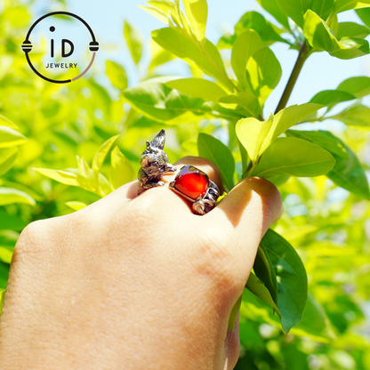 Fox Ring Garnet Protection Talisman | Fantasy Animal Jewelry | Handmade Nature Spirit Ring | Woodland Amulet for Inner Desire