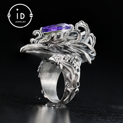 Gothic Raven Ring with Amethyst in 925 Oxidized Silver, Totem Bird Jewelry for Women and Men, Vintage Statement Gift for Christmas