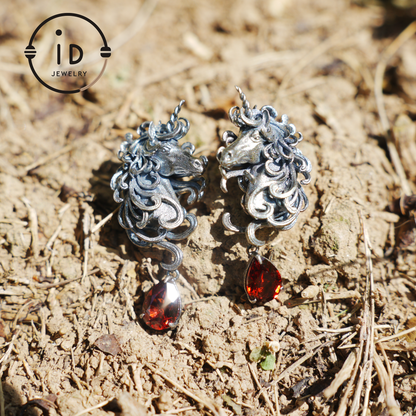 Unicorn Earrings with Garnet Drop, Fantasy Gothic Jewelry, Handcrafted Mythical Creatures, Symbolic Gift for Vow and Protection
