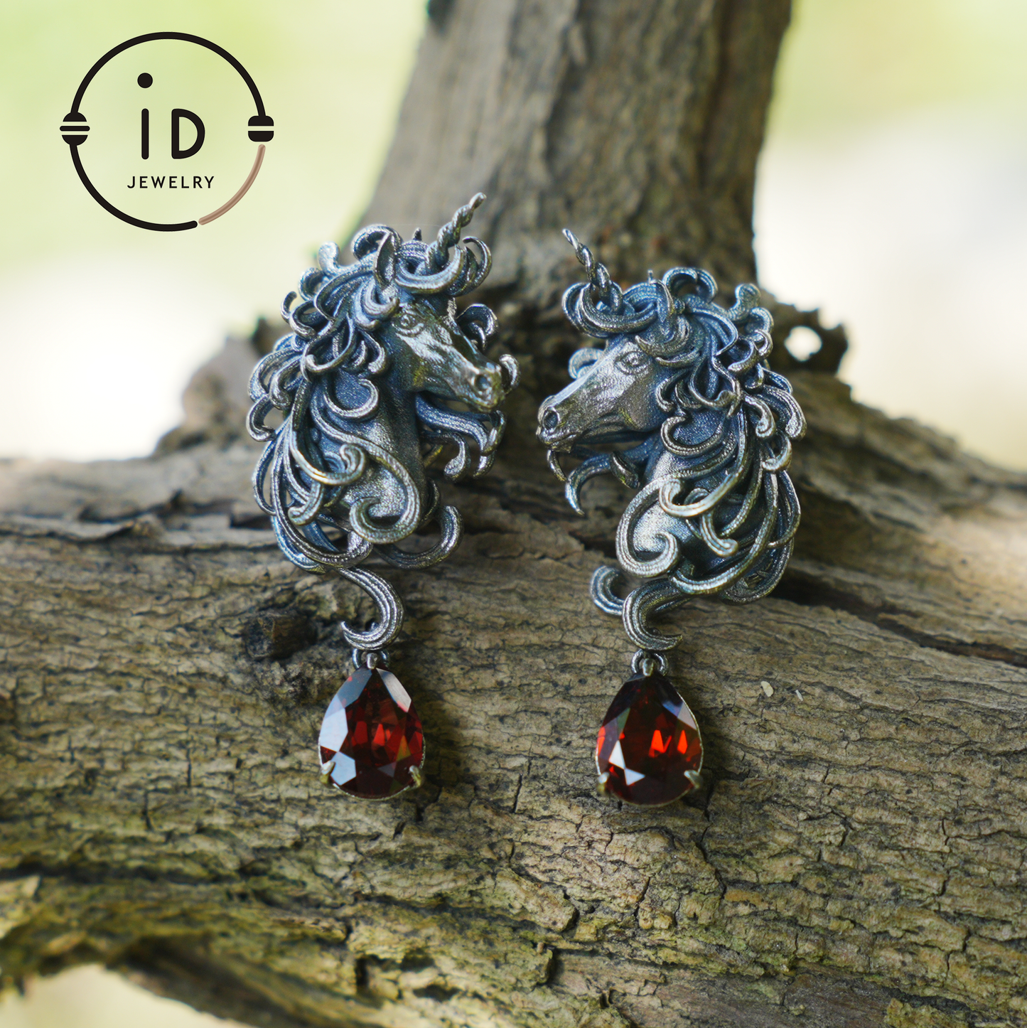 Unicorn Earrings with Garnet Drop, Fantasy Gothic Jewelry, Handcrafted Mythical Creatures, Symbolic Gift for Vow and Protection