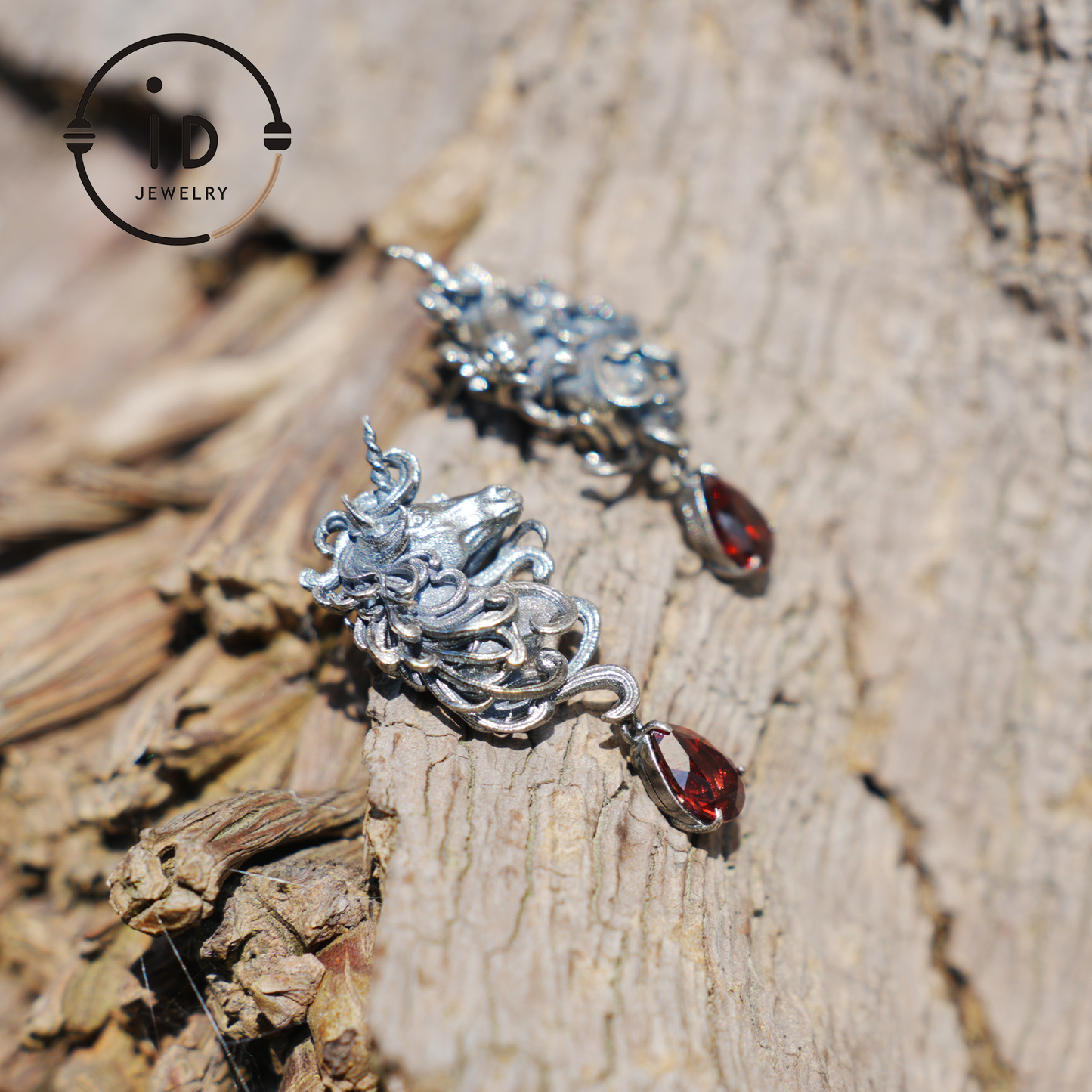 Unicorn Earrings with Garnet Drop, Fantasy Gothic Jewelry, Handcrafted Mythical Creatures, Symbolic Gift for Vow and Protection