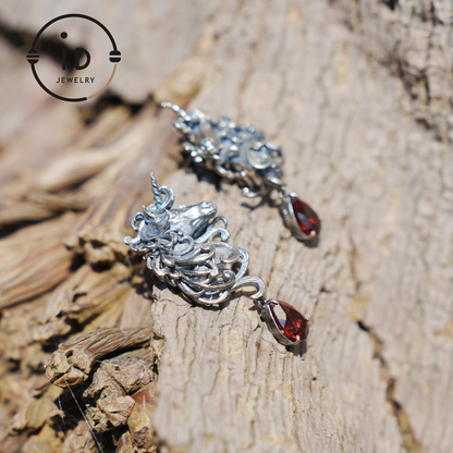 Unicorn Earrings with Garnet Drop, Fantasy Gothic Jewelry, Handcrafted Mythical Creatures, Symbolic Gift for Vow and Protection