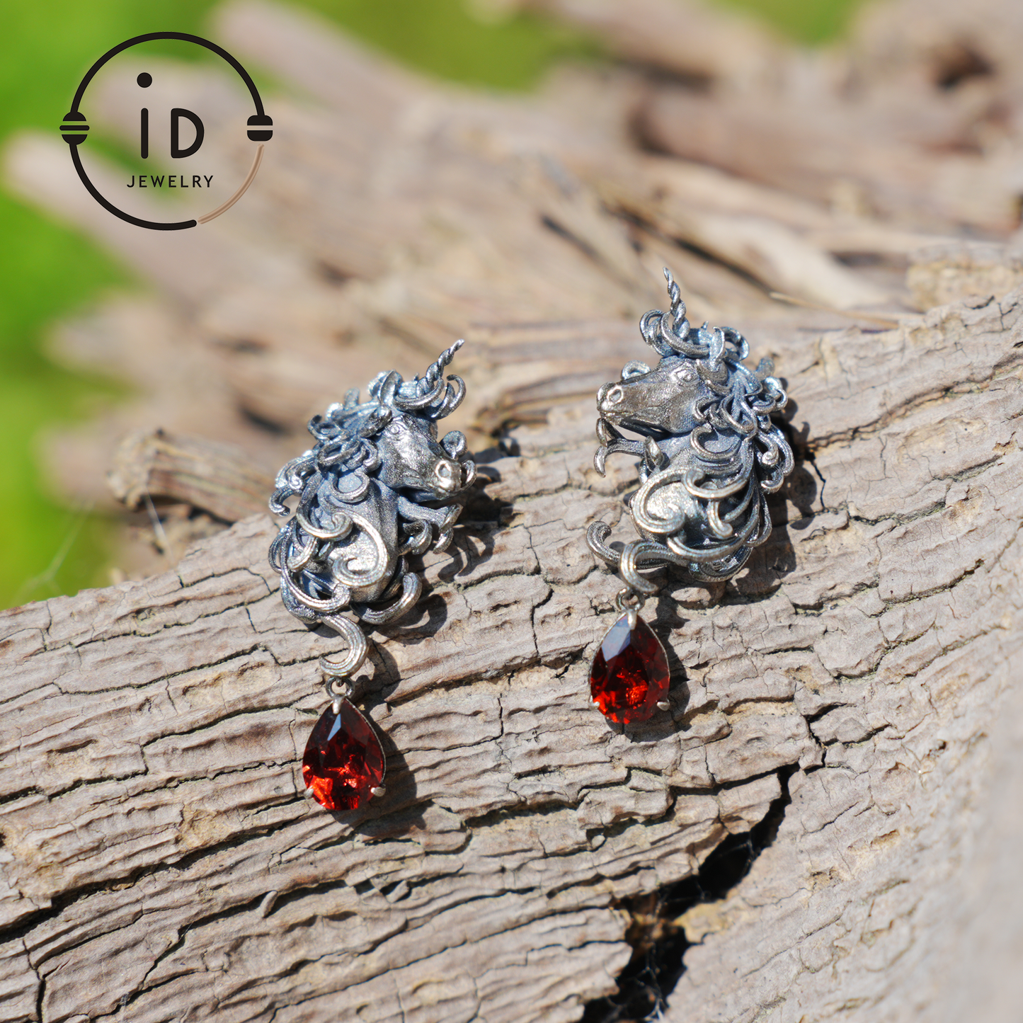 Unicorn Earrings with Garnet Drop, Fantasy Gothic Jewelry, Handcrafted Mythical Creatures, Symbolic Gift for Vow and Protection