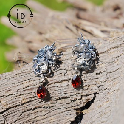 Unicorn Earrings with Garnet Drop, Fantasy Gothic Jewelry, Handcrafted Mythical Creatures, Symbolic Gift for Vow and Protection