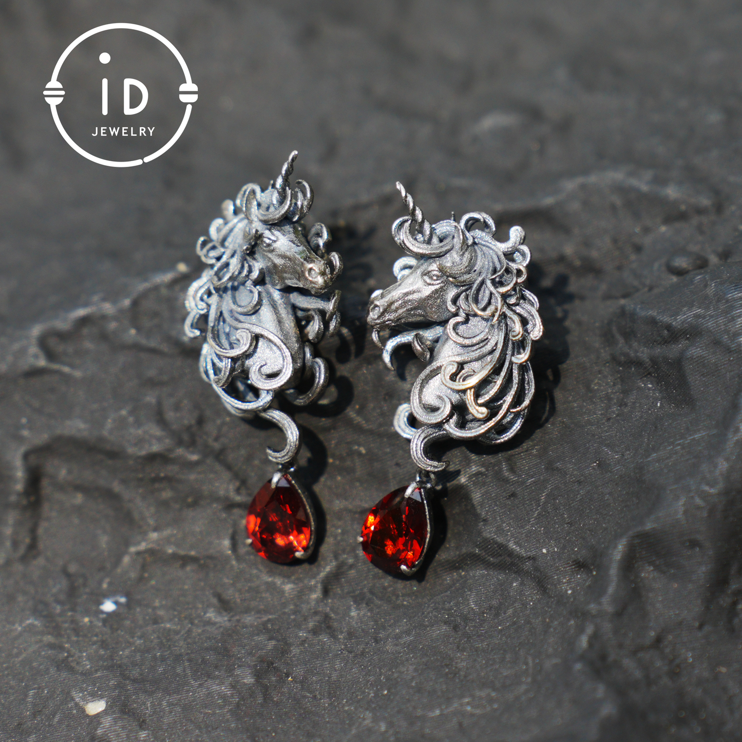 Unicorn Earrings with Garnet Drop, Fantasy Gothic Jewelry, Handcrafted Mythical Creatures, Symbolic Gift for Vow and Protection