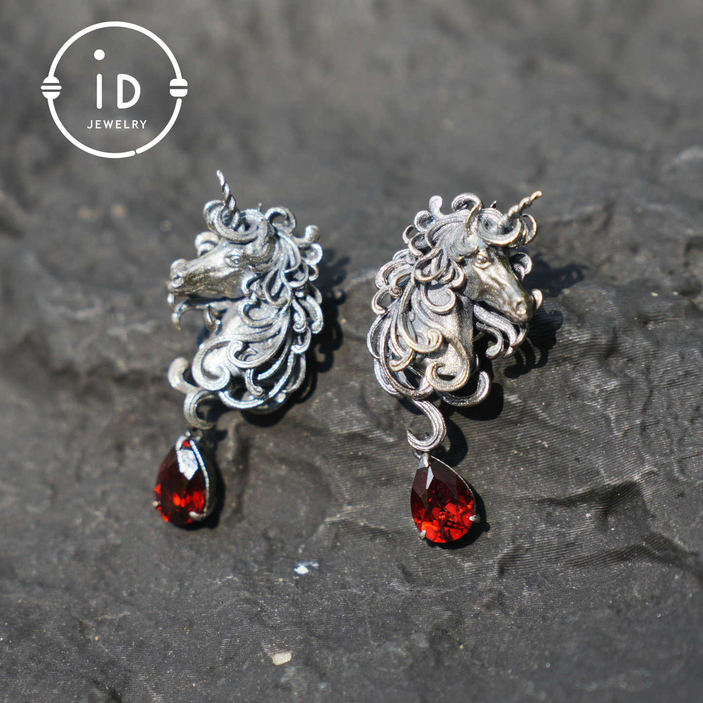 Unicorn Earrings with Garnet Drop, Fantasy Gothic Jewelry, Handcrafted Mythical Creatures, Symbolic Gift for Vow and Protection