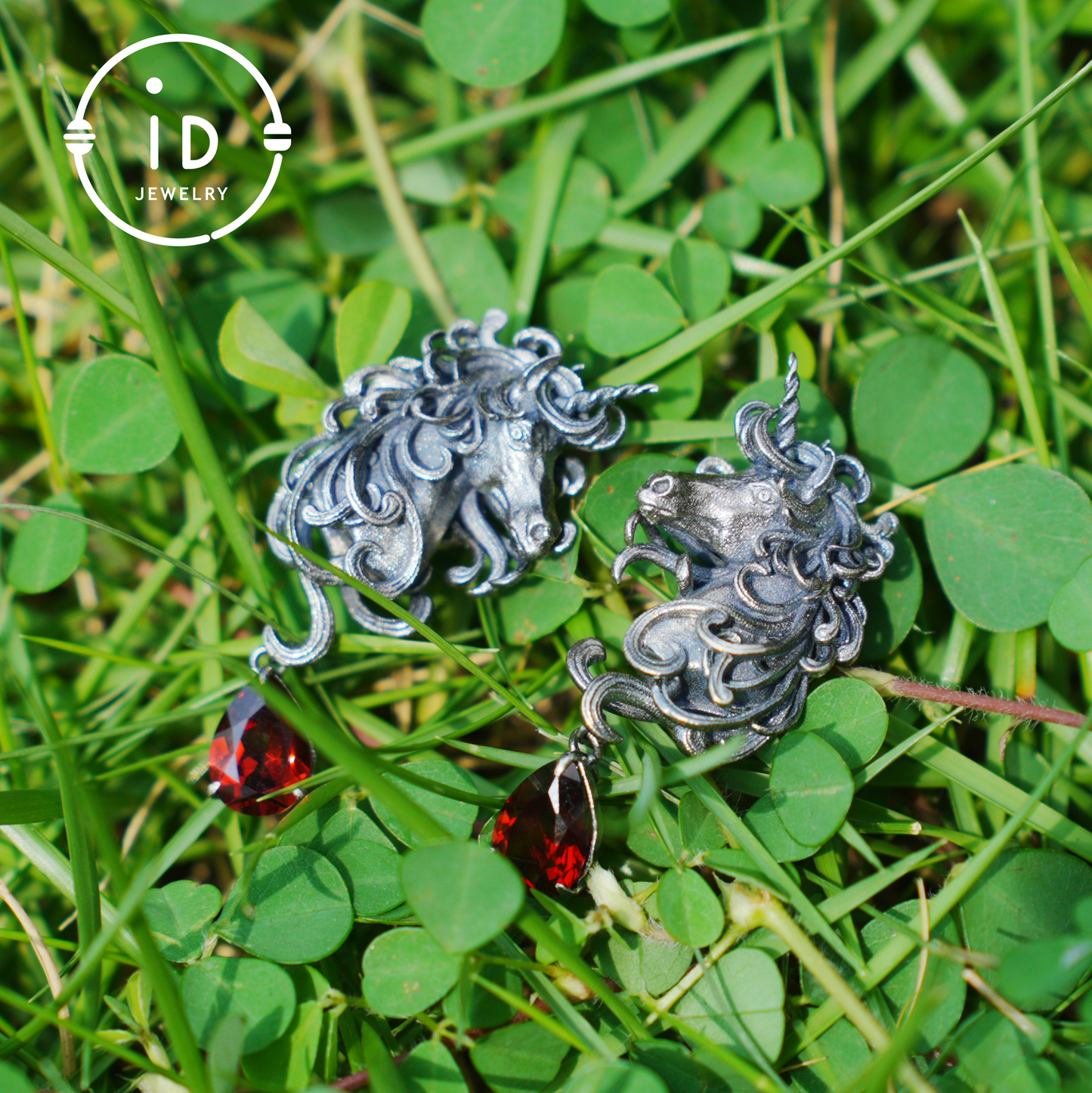 Unicorn Earrings with Garnet Drop, Fantasy Gothic Jewelry, Handcrafted Mythical Creatures, Symbolic Gift for Vow and Protection