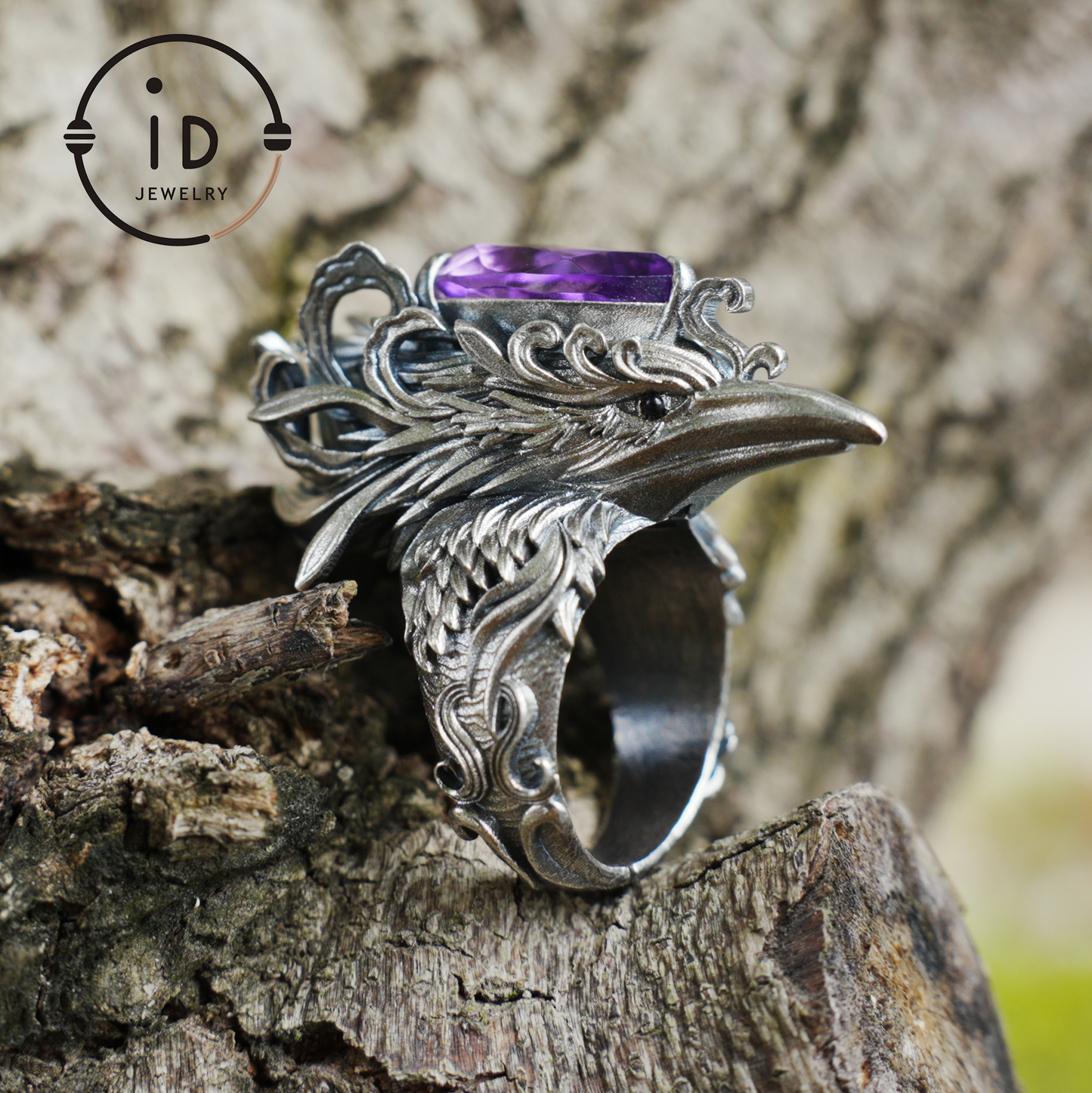 Gothic Raven Ring with Amethyst in 925 Oxidized Silver, Totem Bird Jewelry for Women and Men, Vintage Statement Gift for Christmas