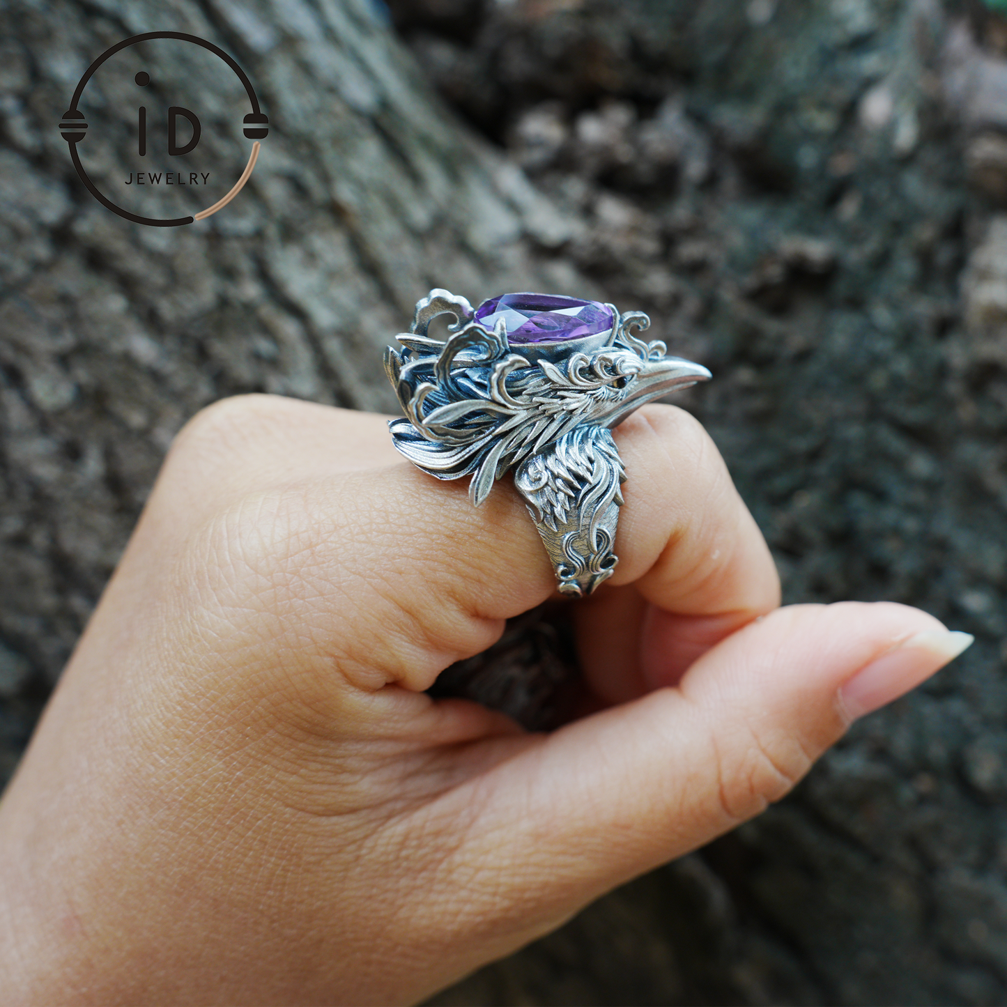 Gothic Raven Ring with Amethyst in 925 Oxidized Silver, Totem Bird Jewelry for Women and Men, Vintage Statement Gift for Christmas
