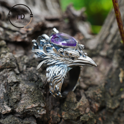 Gothic Raven Ring with Amethyst in 925 Oxidized Silver, Totem Bird Jewelry for Women and Men, Vintage Statement Gift for Christmas