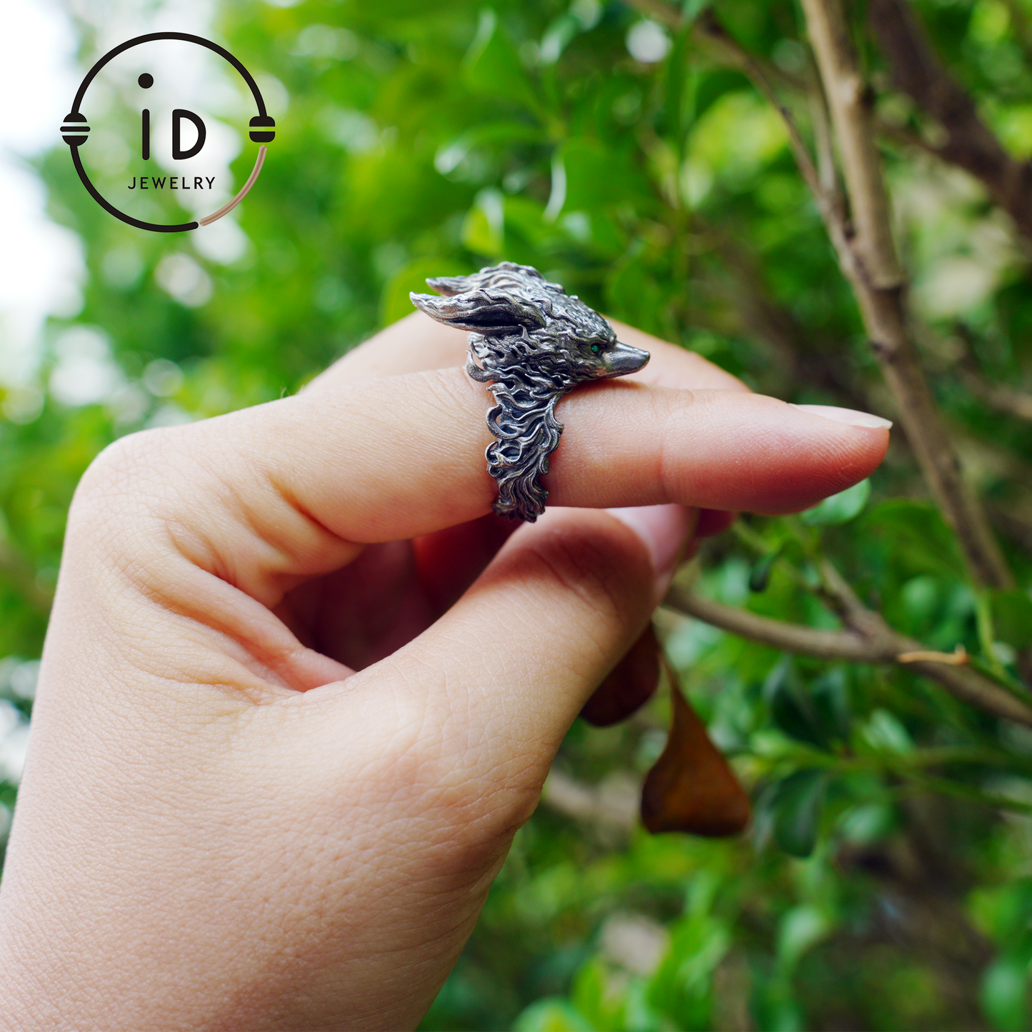 Fox Totem Ring with Green Zircon Eyes, Forest Guardian Amulet, Handmade Animal Jewelry, Mythic Protection Symbol