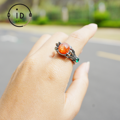 Gothic Style Sunstone Ring in 925 Sterling Silver with Green Zircon Stone Gift for Her Halloween Fantasy Statement Jewelry