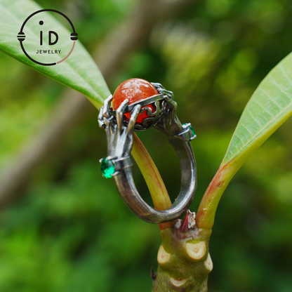 Gothic Style Sunstone Ring in 925 Sterling Silver with Green Zircon Stone Gift for Her Halloween Fantasy Statement Jewelry