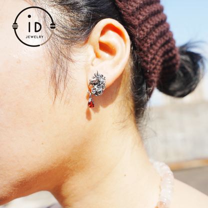 Unicorn Earrings with Garnet Drop, Fantasy Gothic Jewelry, Handcrafted Mythical Creatures, Symbolic Gift for Vow and Protection