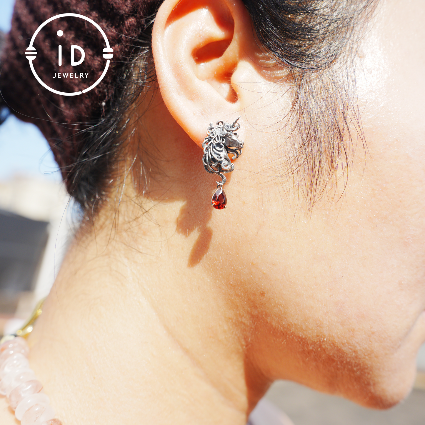 Unicorn Earrings with Garnet Drop, Fantasy Gothic Jewelry, Handcrafted Mythical Creatures, Symbolic Gift for Vow and Protection