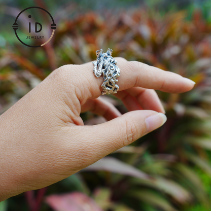 Fox Ring 925 Silver Adjustable Green Zircon Gothic Totem Style Animal Jewelry Gift for Men Women Fantasy Accessory Nature Inspired