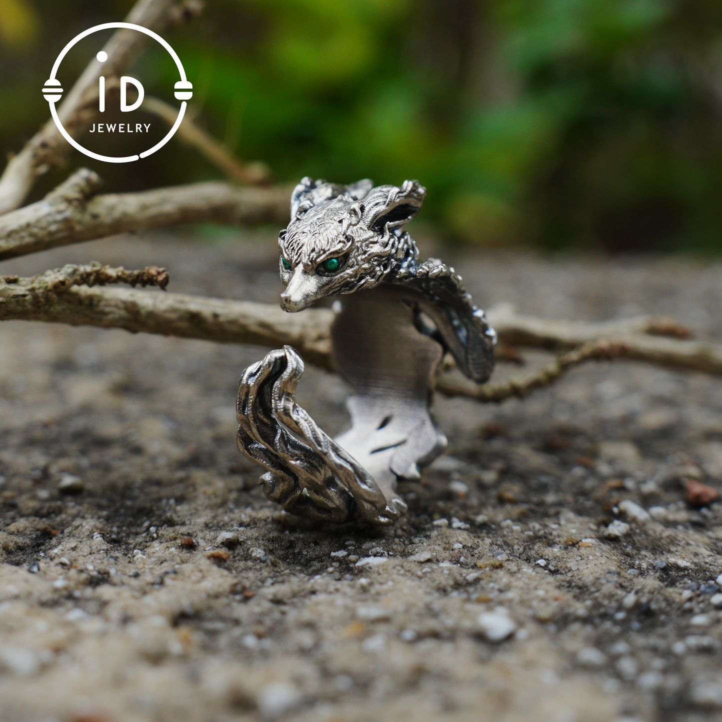 Fox Ring 925 Silver Adjustable Green Zircon Gothic Totem Style Animal Jewelry Gift for Men Women Fantasy Accessory Nature Inspired