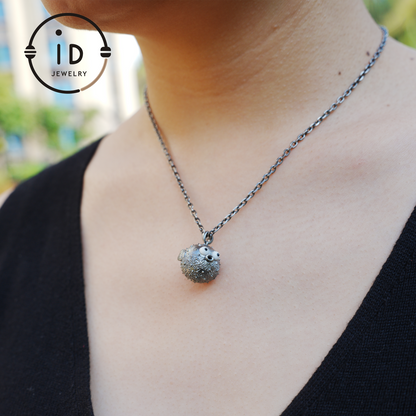 Whimsical Pufferfish Pendant in Sterling Silver – Emotional Support Charm – Cute Ocean Totem Necklace – Turquoise & Onyx Eyes – Healing Gift Idea