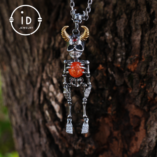 Silver Skeleton Pendant with Sunstone Sphere and Brass Horns, Gothic Totem Jewelry for Halloween or as a Mystical Gift