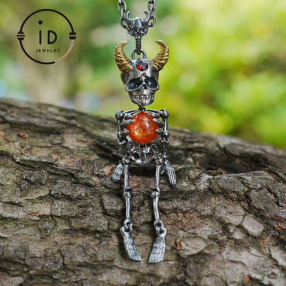 Silver Skeleton Pendant with Sunstone Sphere and Brass Horns, Gothic Totem Jewelry for Halloween or as a Mystical Gift