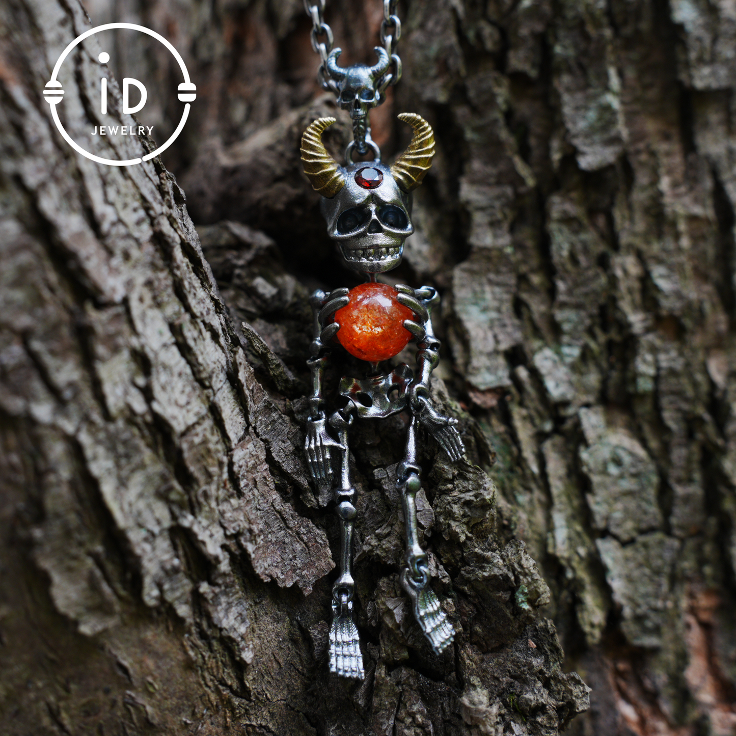 Silver Skeleton Pendant with Sunstone Sphere and Brass Horns, Gothic Totem Jewelry for Halloween or as a Mystical Gift
