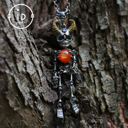 Silver Skeleton Pendant with Sunstone Sphere and Brass Horns, Gothic Totem Jewelry for Halloween or as a Mystical Gift